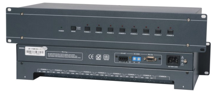 产品描述:  CR-POWER8III八路电源控制器，可搭配可编程主机或PC机通信实现多种周边设备的控制。如用于控制灯光，电动屏幕，电动窗帘及投影机等外设供电电源。   功能特点： 提供1路CR-NE